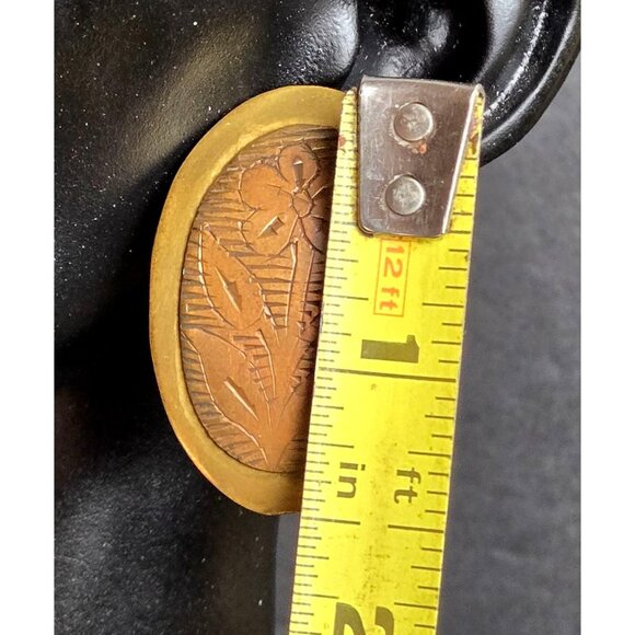 Vintage Floral Oval Brass Copper Pierced Earrings Etched Flower Design 1" x 1.5" - Picture 5 of 7